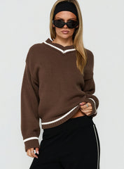 Myrandah V Neck Long SLeeve Knit Sweater Chocolate Stripe