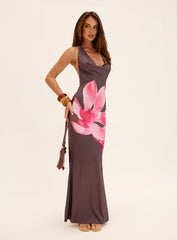 Raleina Halter Cowl Neck Maxi Dress Brown Floral