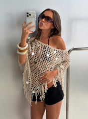 Caija Crochet Embellished Poncho Top Beige