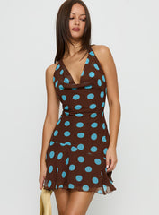 Karolie Halter Plunge Mini Dress Brown / Blue Polka Dot