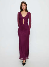 Darkside Long Sleeve Cut Out Plunge Maxi Dress Plum