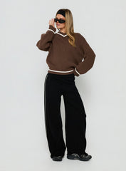 Myrandah V Neck Long SLeeve Knit Sweater Chocolate Stripe