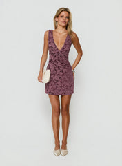 Dawsonne Plunge Neck Twist Front Mini Dress Plum Floral