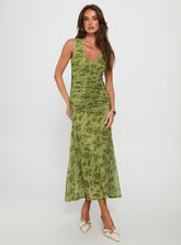 Stefanya Gathered Maxi Dress Green Floral