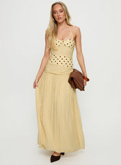 Marguerite Halter Maxi Dress Lemon / Brown Polka Dot