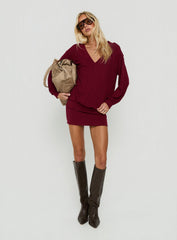Solena Blouson V Neck Knit Mini Dress Burgundy