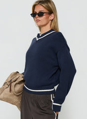 Myrandah V Neck Long SLeeve Knit Sweater Navy