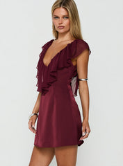 Madibelle V Neck Frill Mini Dress Wine