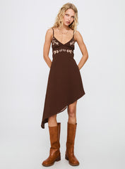 Secret Gardens Asymmetrical Midi Dress Brown