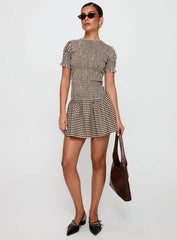 Laurita Shirred Mini Dress Brown Check Tall