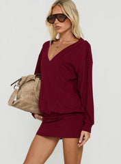 Solena Blouson V Neck Knit Mini Dress Burgundy
