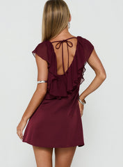 Madibelle V Neck Frill Mini Dress Wine