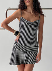 Laurela Asymmetrical Mini Dress Black / White Stripe