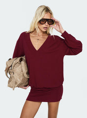 Solena Blouson V Neck Knit Mini Dress Burgundy