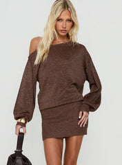 Johannah Off Shoulder Long Sleeve Knit Mini Dress Brown