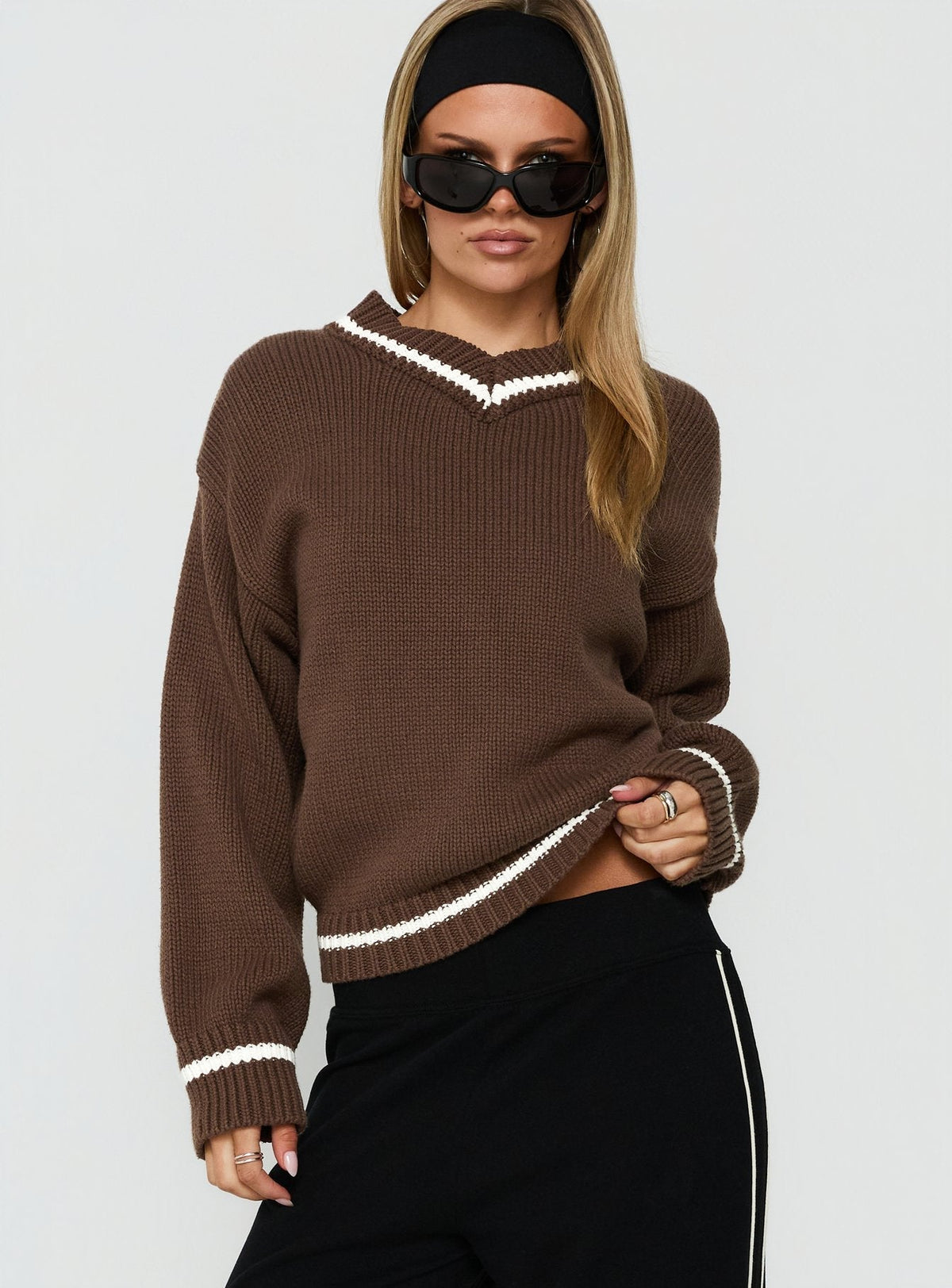 Myrandah V Neck Long SLeeve Knit Sweater Chocolate Stripe