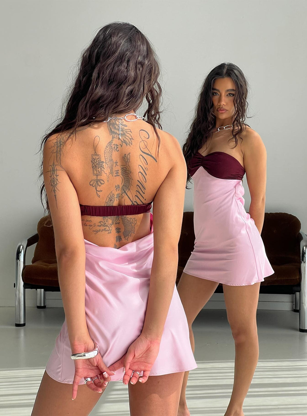 Luxa Ruched Mini Dress Pink / Wine