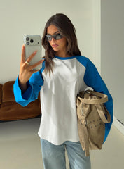 Settle Down Long Sleeve Raglan Top Blue / White