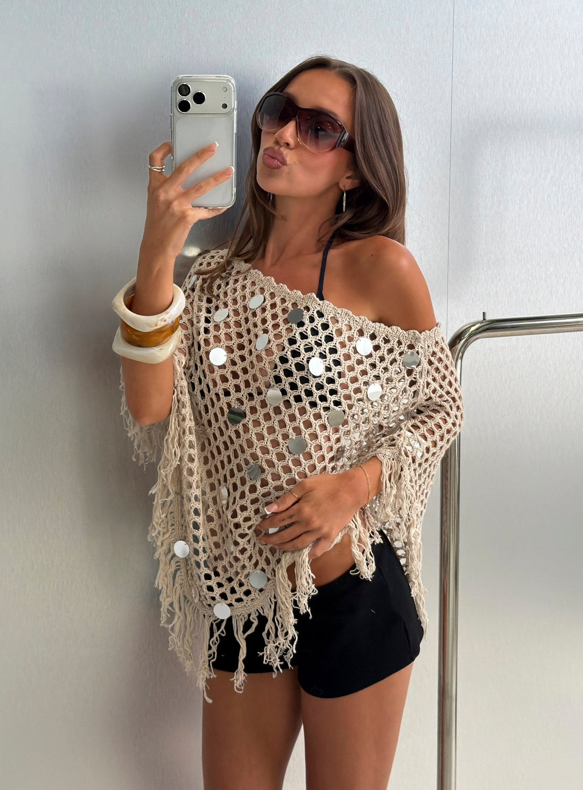 Caija Crochet Embellished Poncho Top Beige