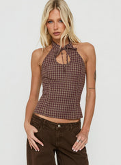 Noellah Keyhole Halter Top Multi Check