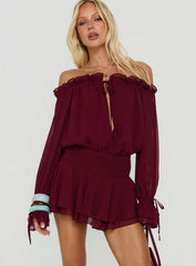 Felicita Off Shoulder Long Sleeve Chiffon Mini Dress Cherry