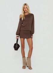 Johannah Off Shoulder Long Sleeve Knit Mini Dress Brown