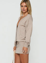 Kharie Plunge Neck Long Sleeve Knit Mini Dress Taupe