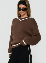 Myrandah V Neck Long SLeeve Knit Sweater Chocolate Stripe
