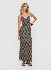 Idaline V Neck Maxi Dress Brown Check