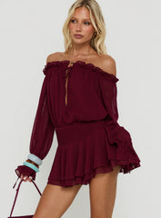Felicita Off Shoulder Long Sleeve Chiffon Mini Dress Cherry