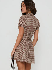 Pique Button Down Mini Dress Brown Gingham