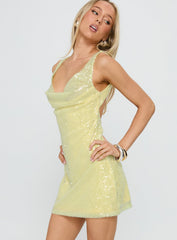 Desi Cowl Neck Mini Dress Yellow Shimmer