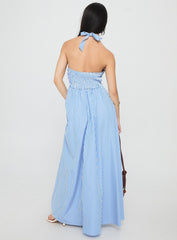 Ivie Halter Plunge Maxi Dress Blue Stripe