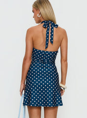 Priscelle Halter Mini Dress Navy / Pink Polka Dot