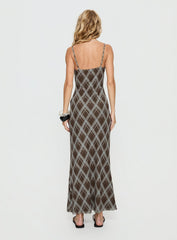 Idaline V Neck Maxi Dress Brown Check