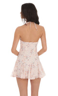 Floral Eyelet Halter Flare Dress in Pastel Pink