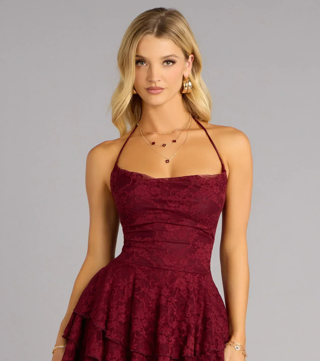 Flirt First Lace Tiered Skater Dress